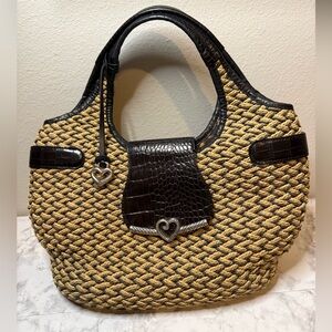 Vintage Brighton Handbag Shoulder Bag Woven Straw Patent Reptile Leather Satchel